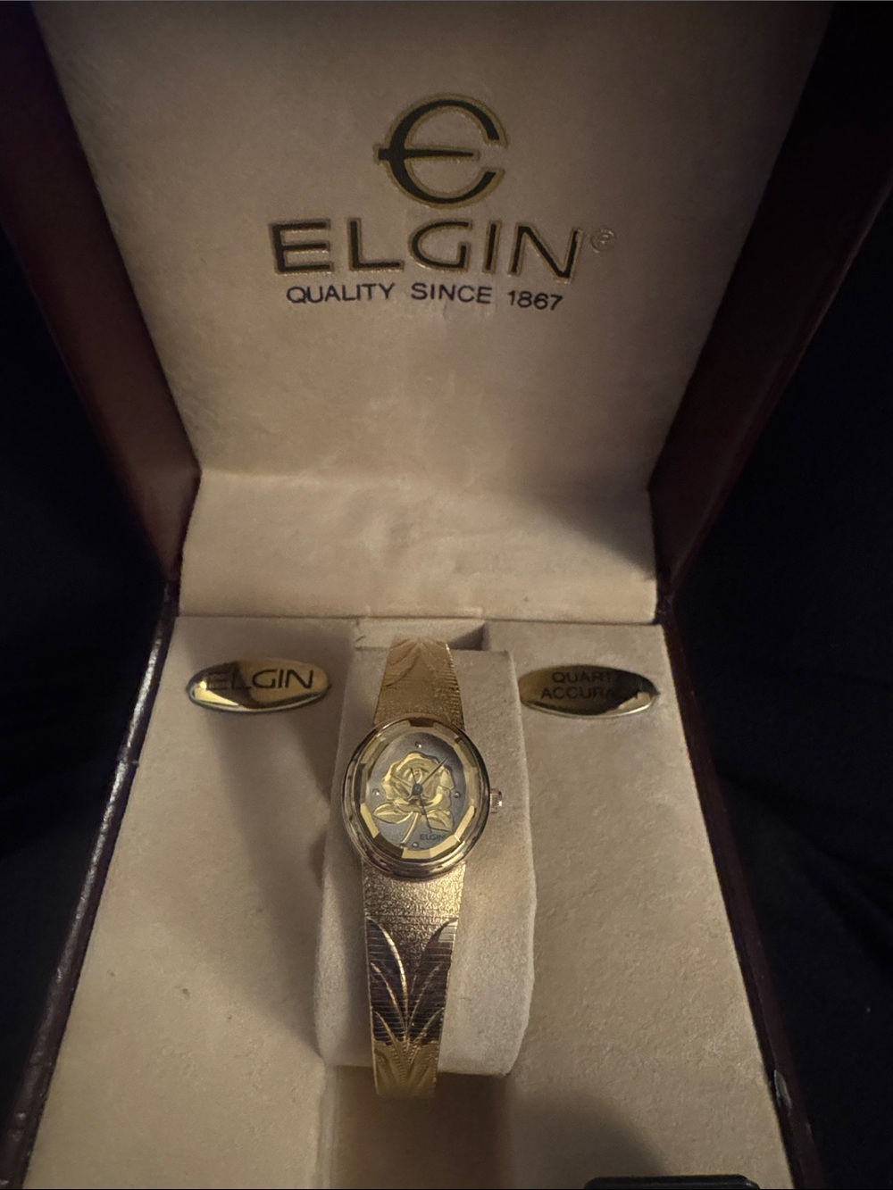 NWT Rare vintage Elgin Women's Gold Floral Dial Bracelet Watch in box